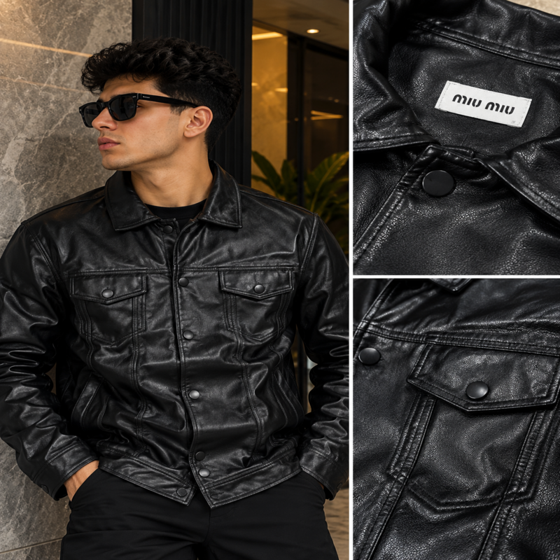 Miu Miu Men's Vintage Leather-Look Trucker Jacket