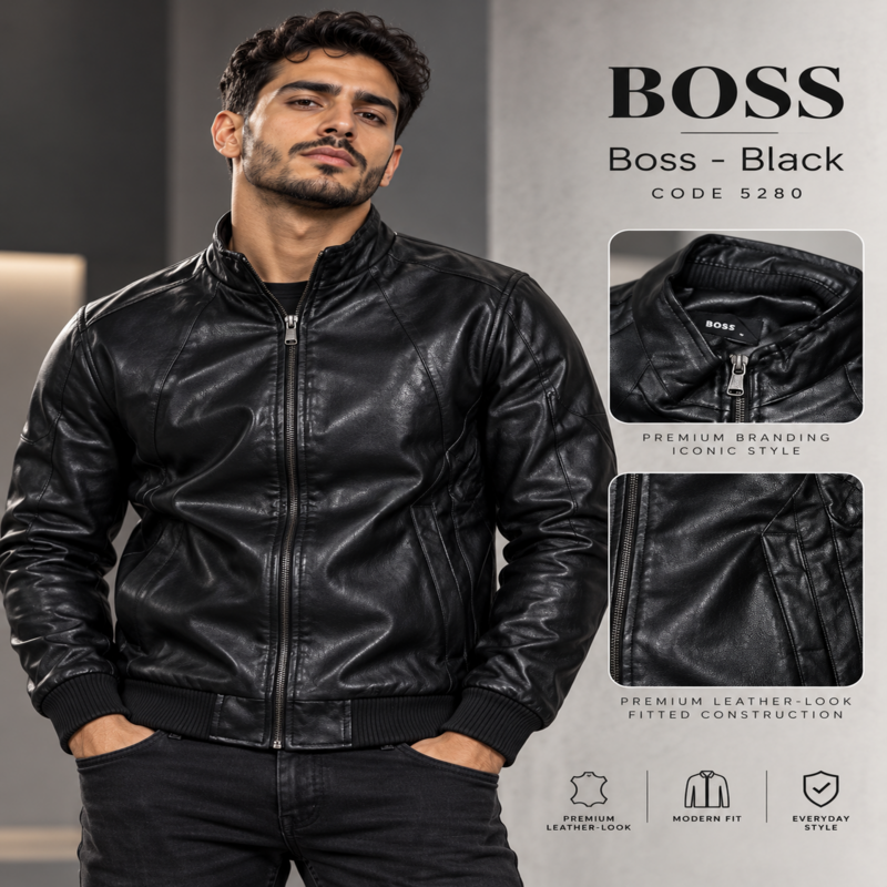 BOSS Men's Classic Leather-Look Zip-Up Bomber Jacket