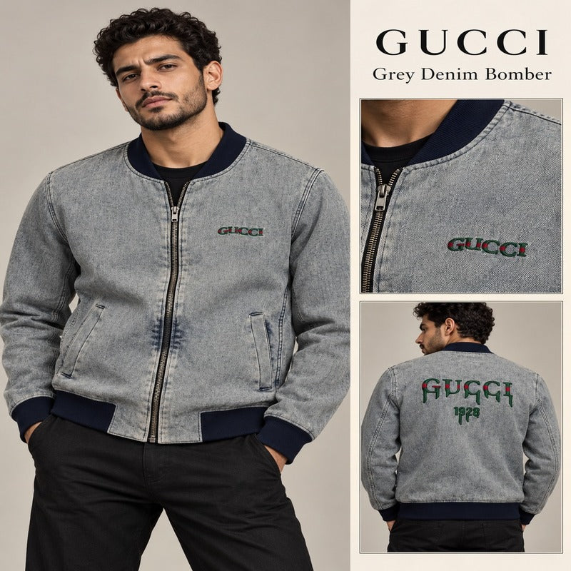 Gucci Men's Vintage Washed Grey Denim Bomber Jacket