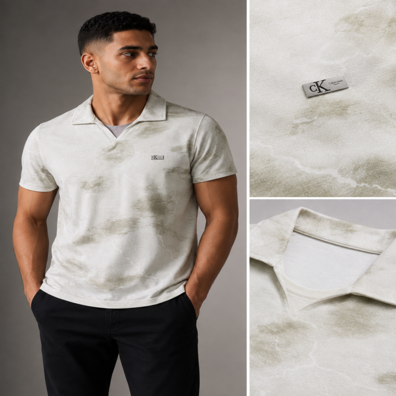 Calvin Klein Men’s Marble Effect Open Collar Polo Shirt