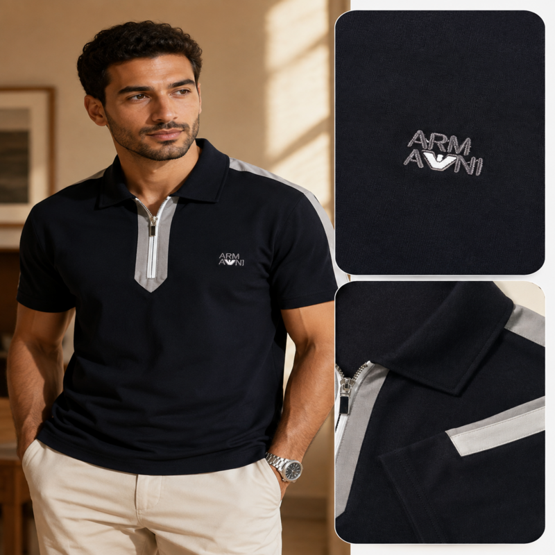 Emporio Armani Men’s Zip Polo Shirt – Contrast Stripe Edition