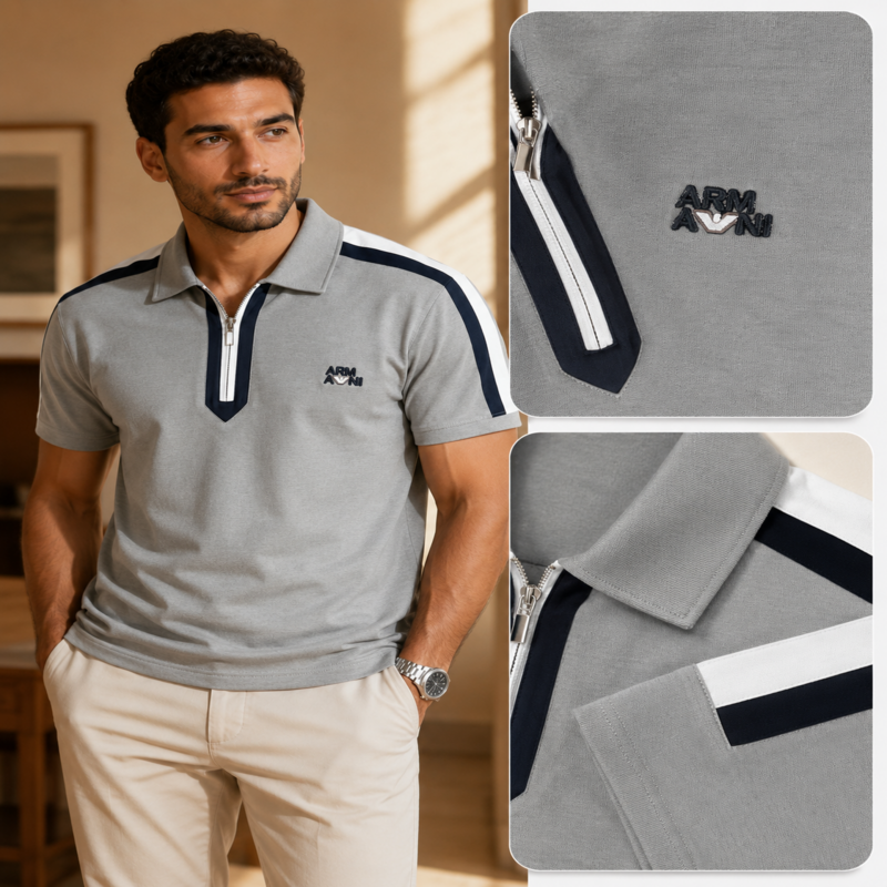 Emporio Armani Men’s Zip Polo Shirt – Contrast Stripe Edition