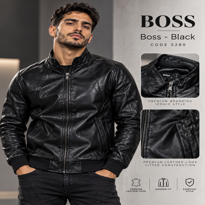BOSS Men's Classic Leather-Look Zip-Up Bomber Jacket