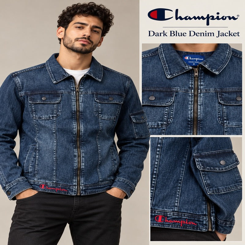 Champion Men's Vintage Dark Blue Denim Zip-Up Jacket