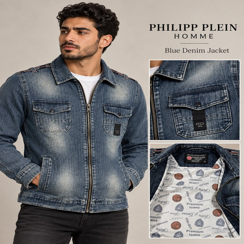 Philipp Plein Men's Vintage Blue Denim Zip-Up Jacket – Signature Edition
